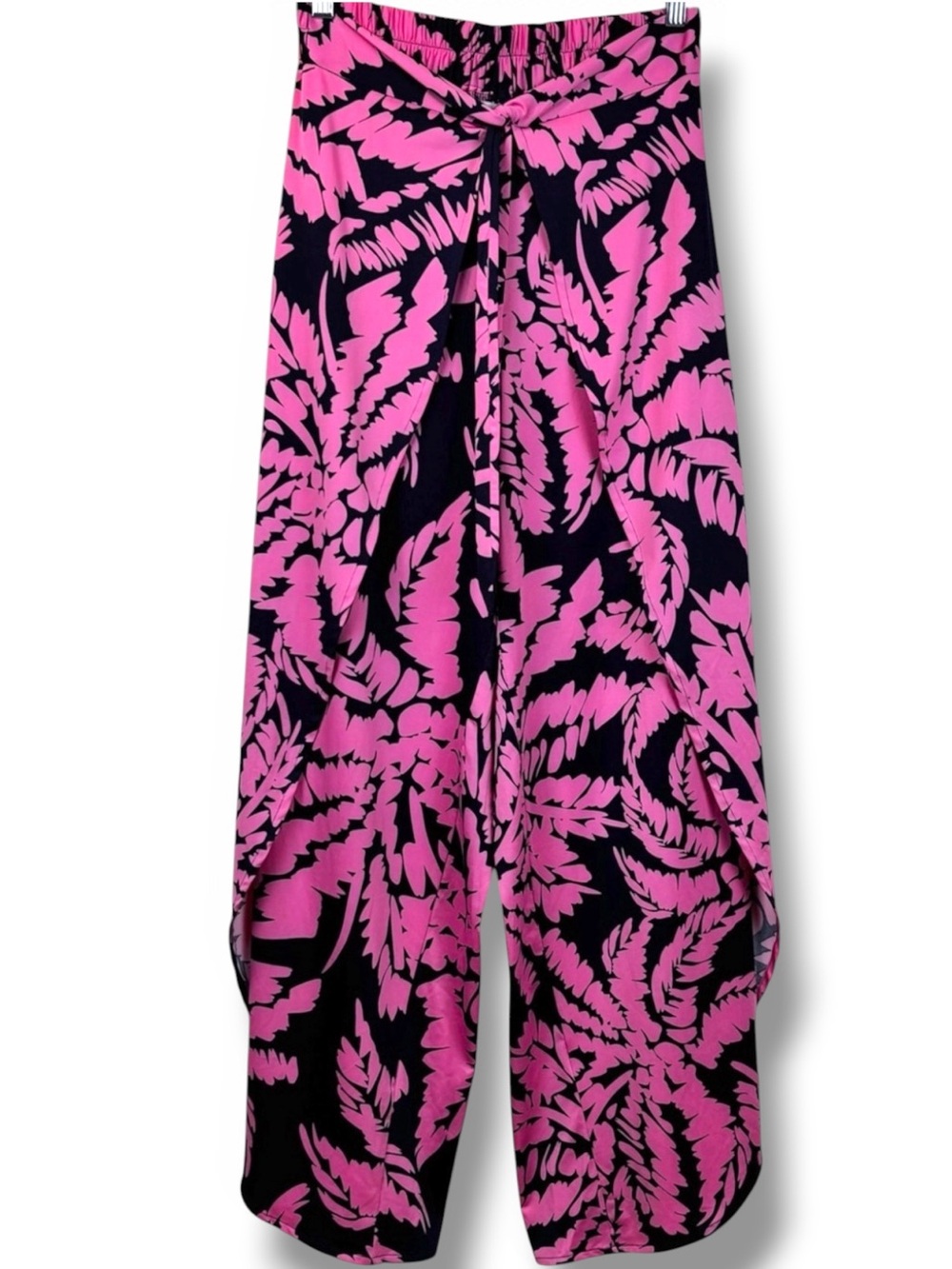 La Mer Luxe High Waist Wide Leg Wrap Front Pants Navy Fuchsia Jungle S